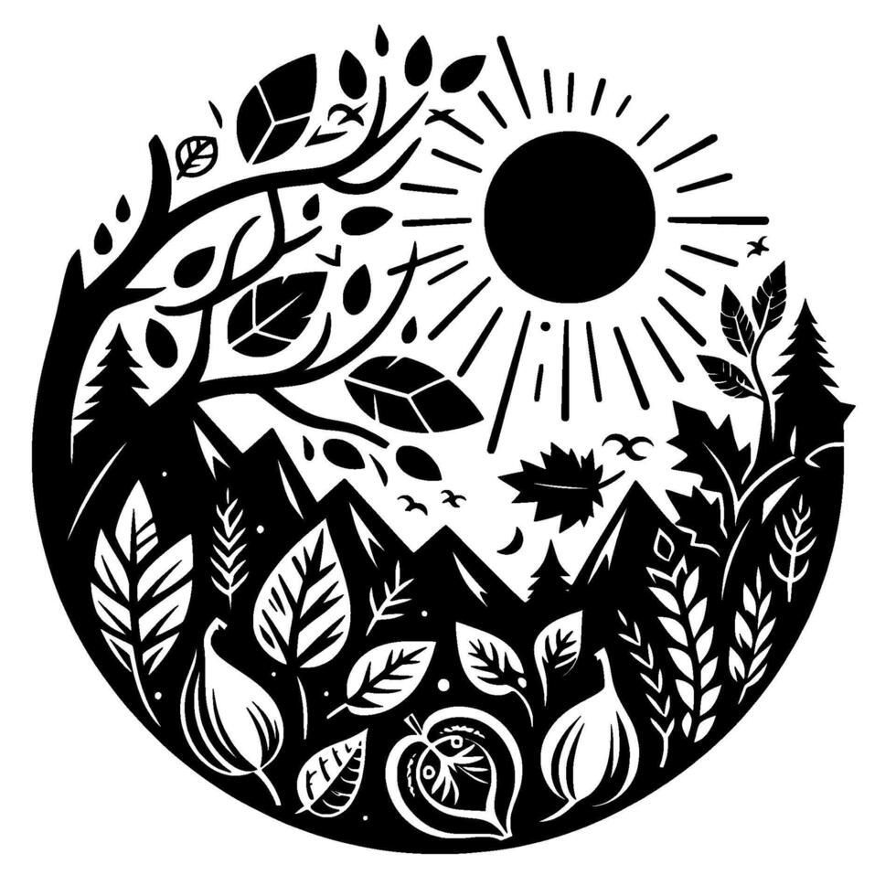 Stylized black and white circular nature scene featuring trees, mountains, sun, leaves, birds, plants and a minimalist aesthetic. vector