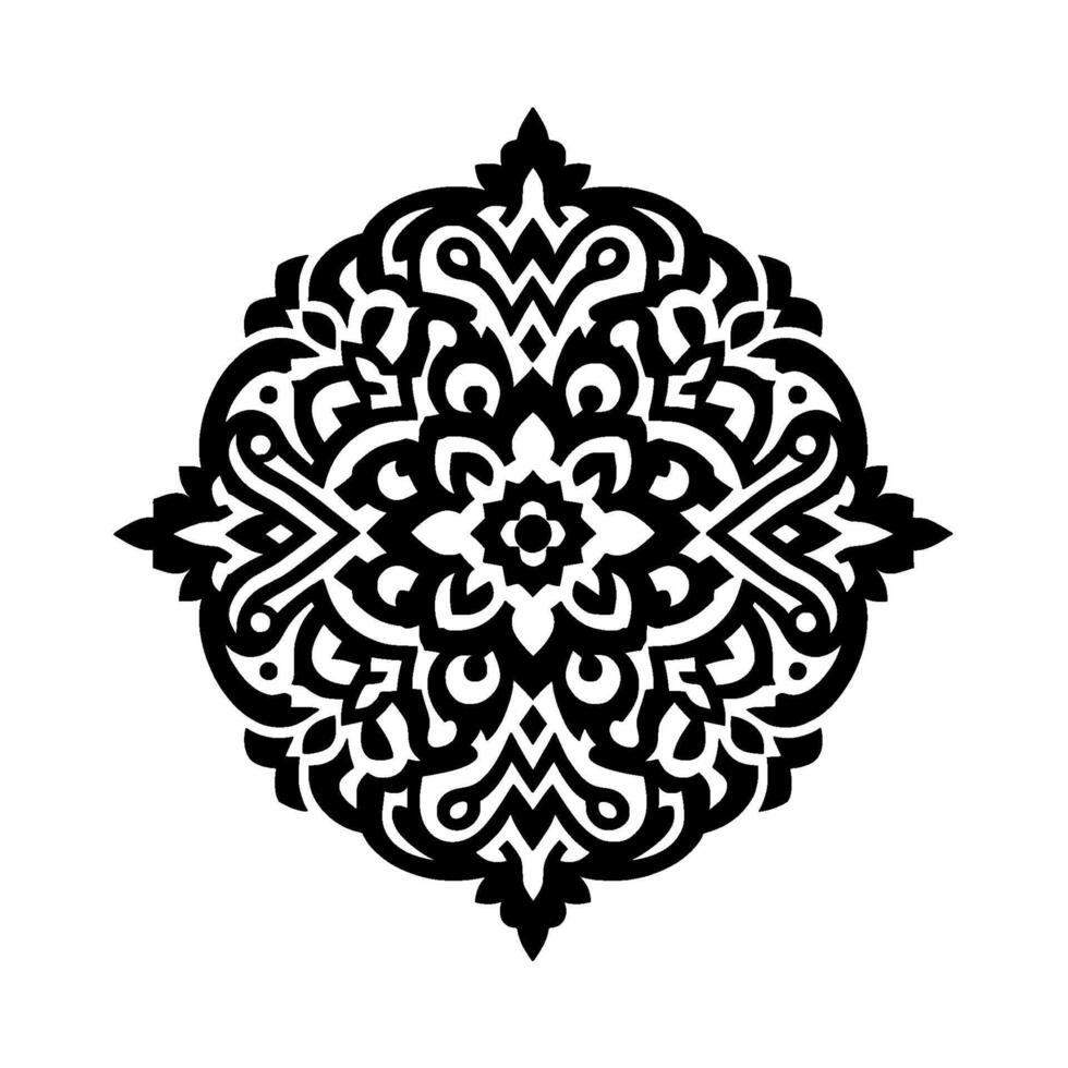 Symmetrical Black and White Ornamental with Curvilinear Patterns, Floral Elements, and Geometric Shapes on White Backdrop, Inspired by Islamic Art. vector