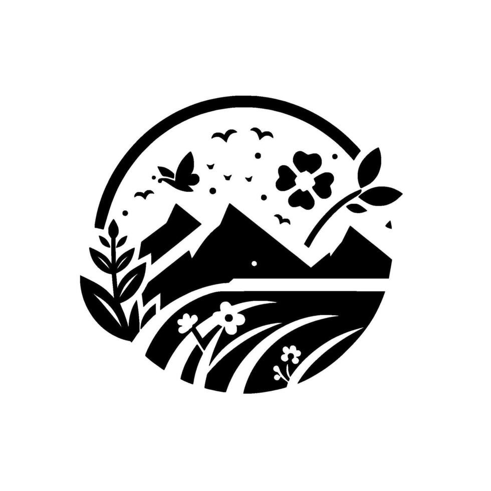 Circular Black and White Illustration Mountains, Flowers, Birds, and Vegetation in a Nature Scene. vector