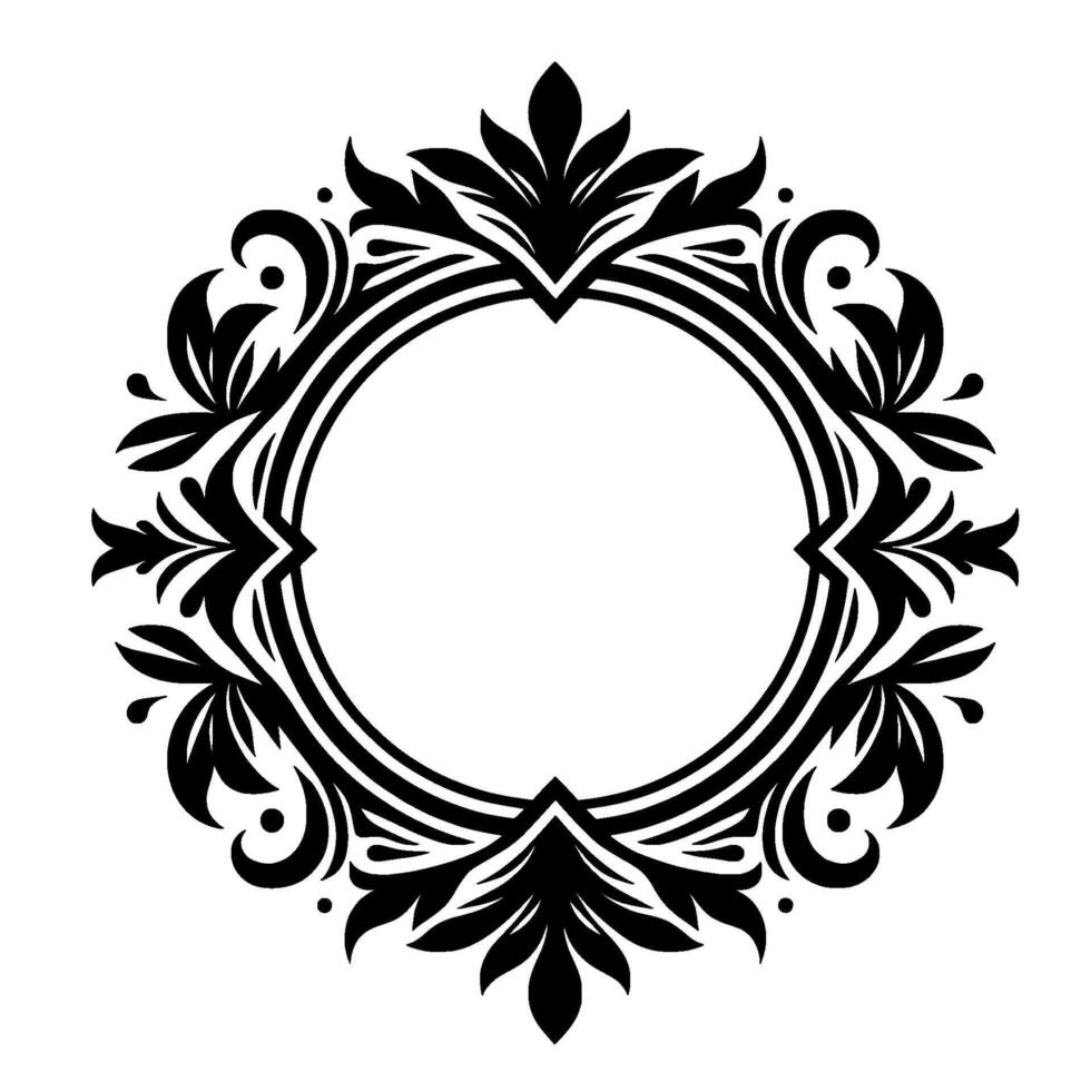 Intricate black and white circular ornamental featuring stylized floral and leaf elements, providing a decorative frame with a blank center. vector