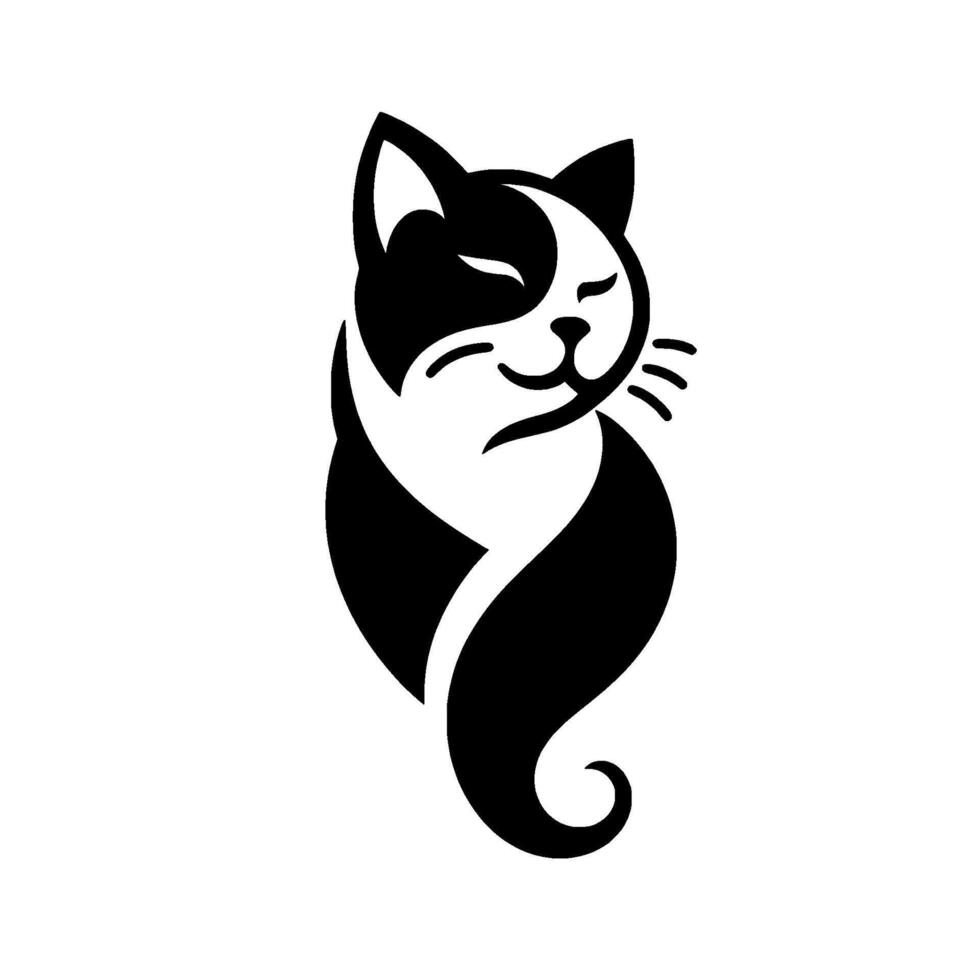 Stylized Black and White Cat Serene pose with curled tail and smiling expression, embodying tranquility and elegance. vector