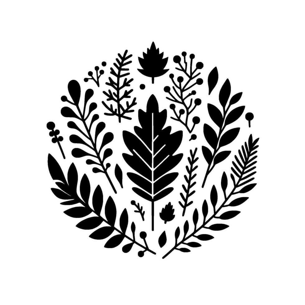 A black and white stylized floral arrangement, shaped in a circle, featuring various leaf and berry designs on a white background. vector