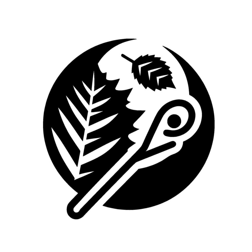 Abstract Black and White NatureThemed Leaves, Ferns, and a Stylized Crescent Moon, Circular Composition with Negative Space. vector