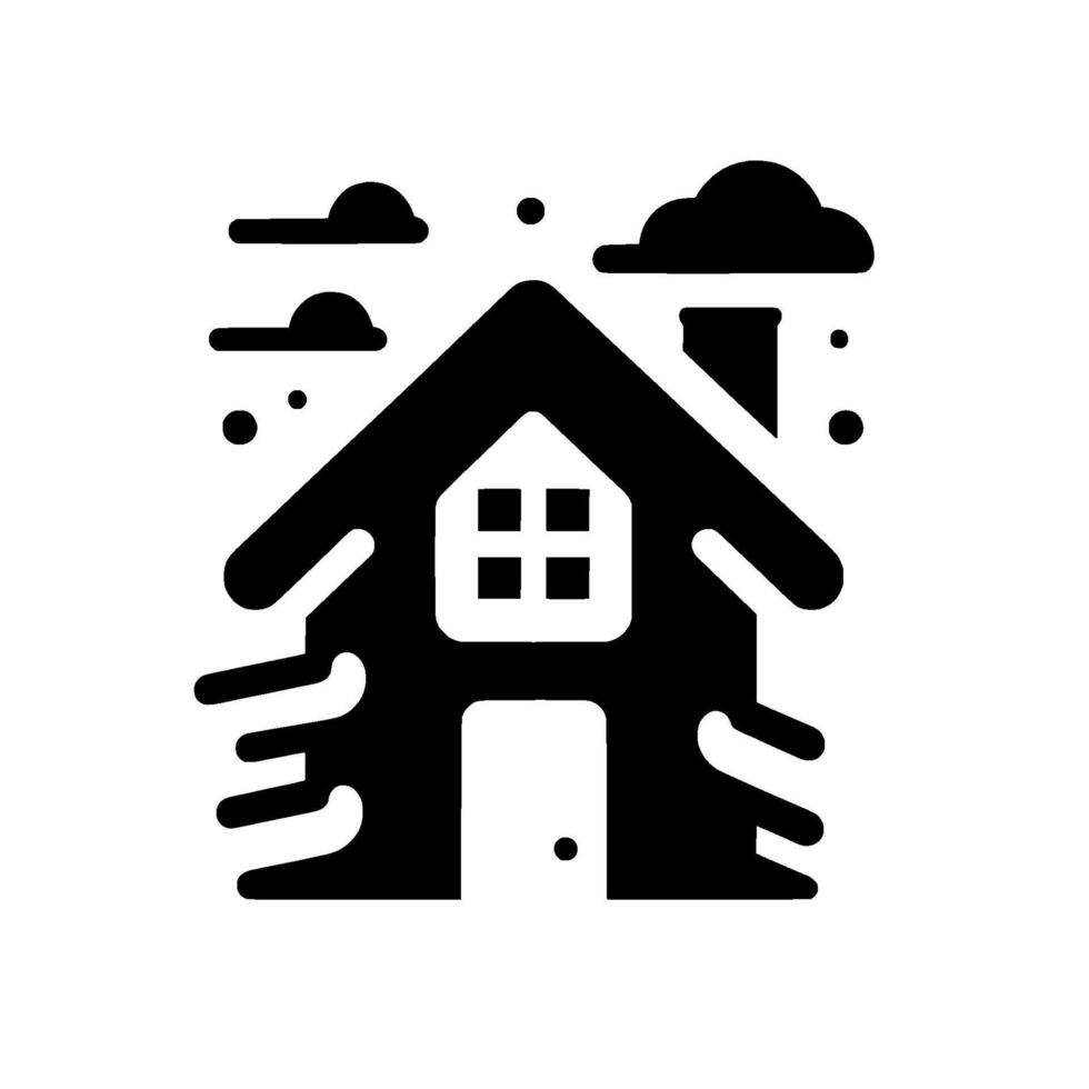 Black and White of a Cozy House Under a Cloudy Sky, with Snowflakes, Representing Home and Serenity. vector