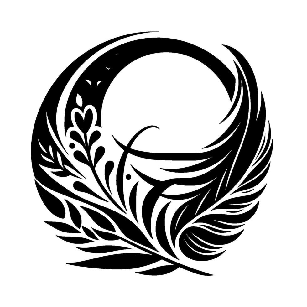 Intricate Monochrome Circular with Floral and Feather Elements, Representing Harmony and Natures Elegance. vector