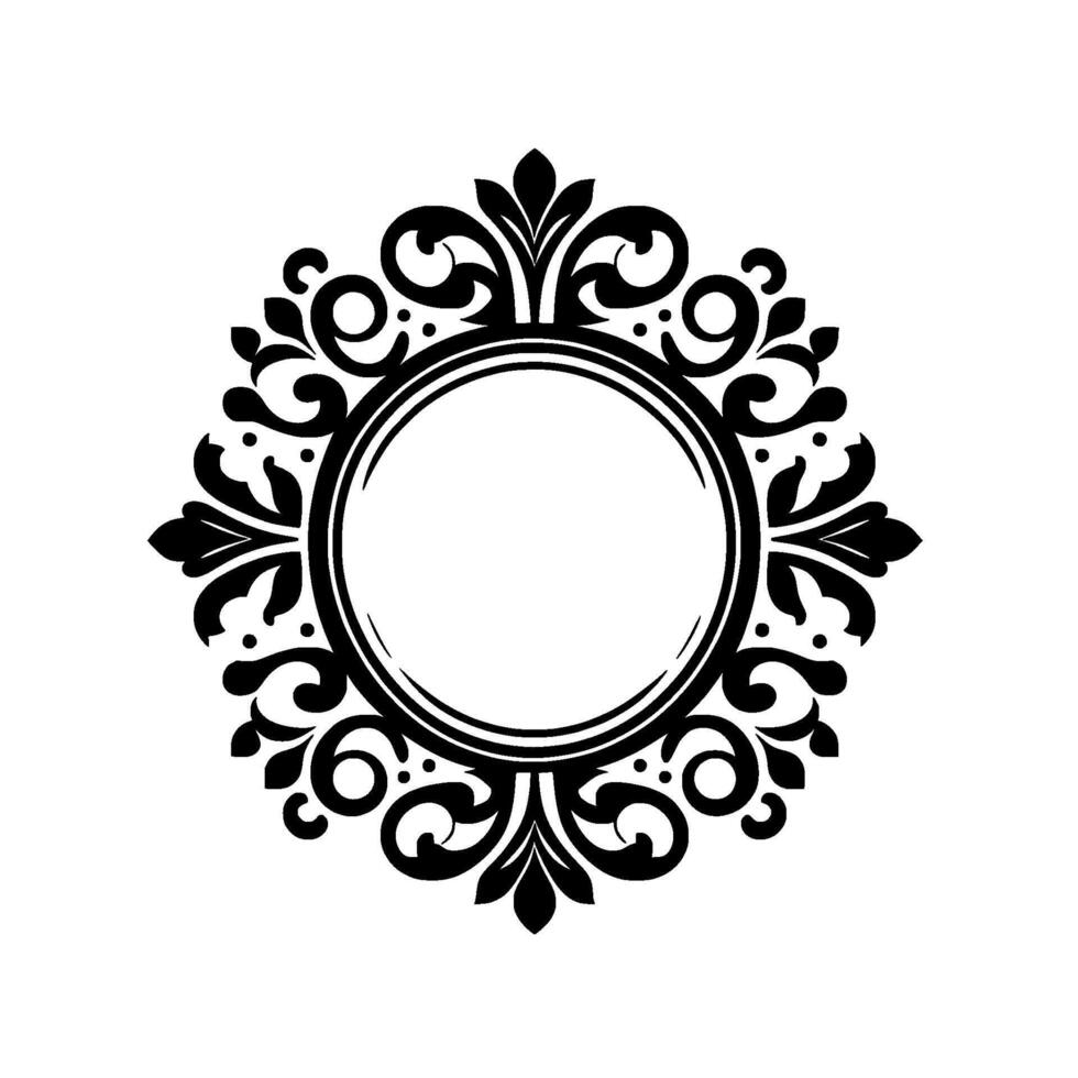 Intricate Black and White Ornate Frame , a Circular Emblem with Floral and Scrollwork Elements. vector