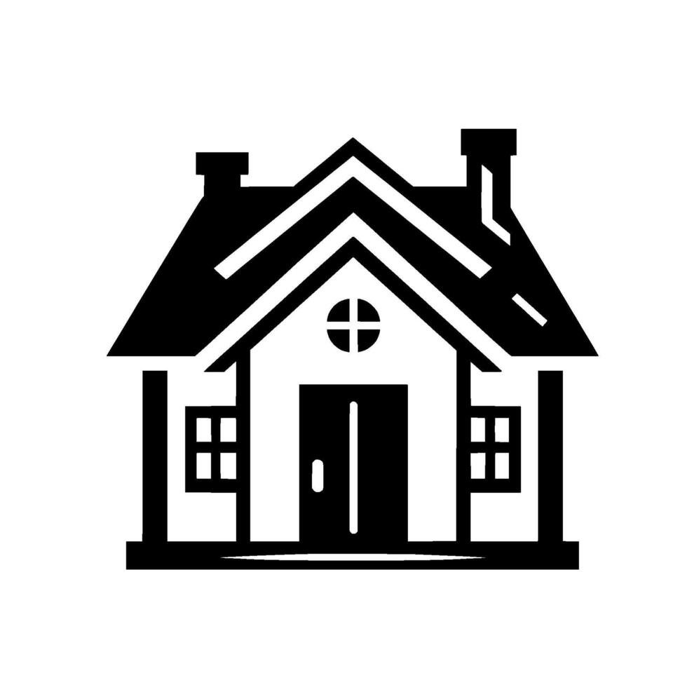 Black and White Simplified House Illustration with Gable Roof, Chimney, Front Door, and Windows Clean, Modern . vector