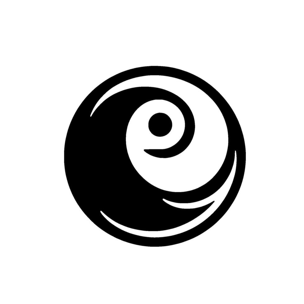 A monochromatic YinYang symbol in a stylized, minimalist , representing balance and harmony, with a spiraling white curve within a circle. vector