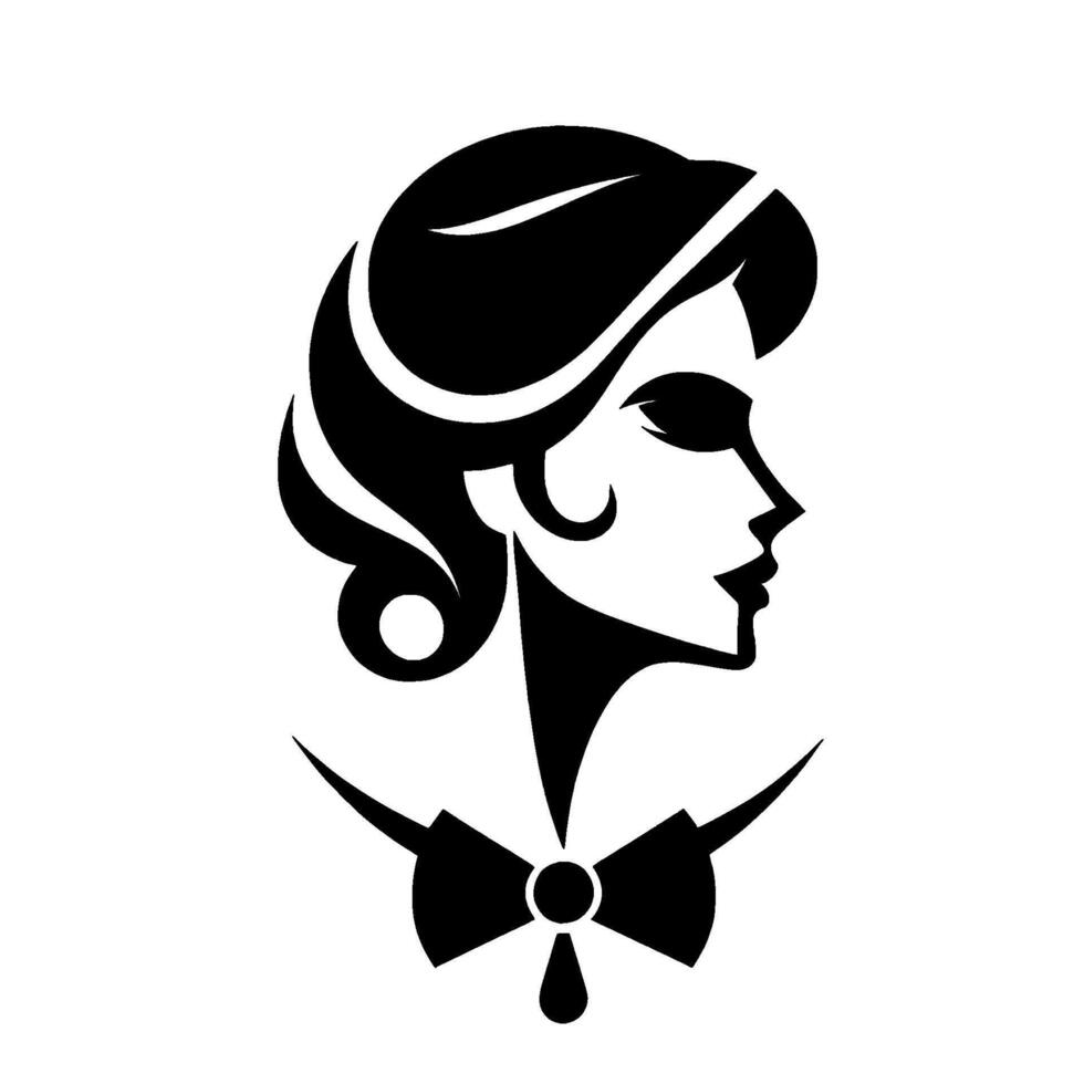 Elegant Black and White Silhouette of a Woman in Profile Wearing a Bowtie, Vintage Style on White Background. vector