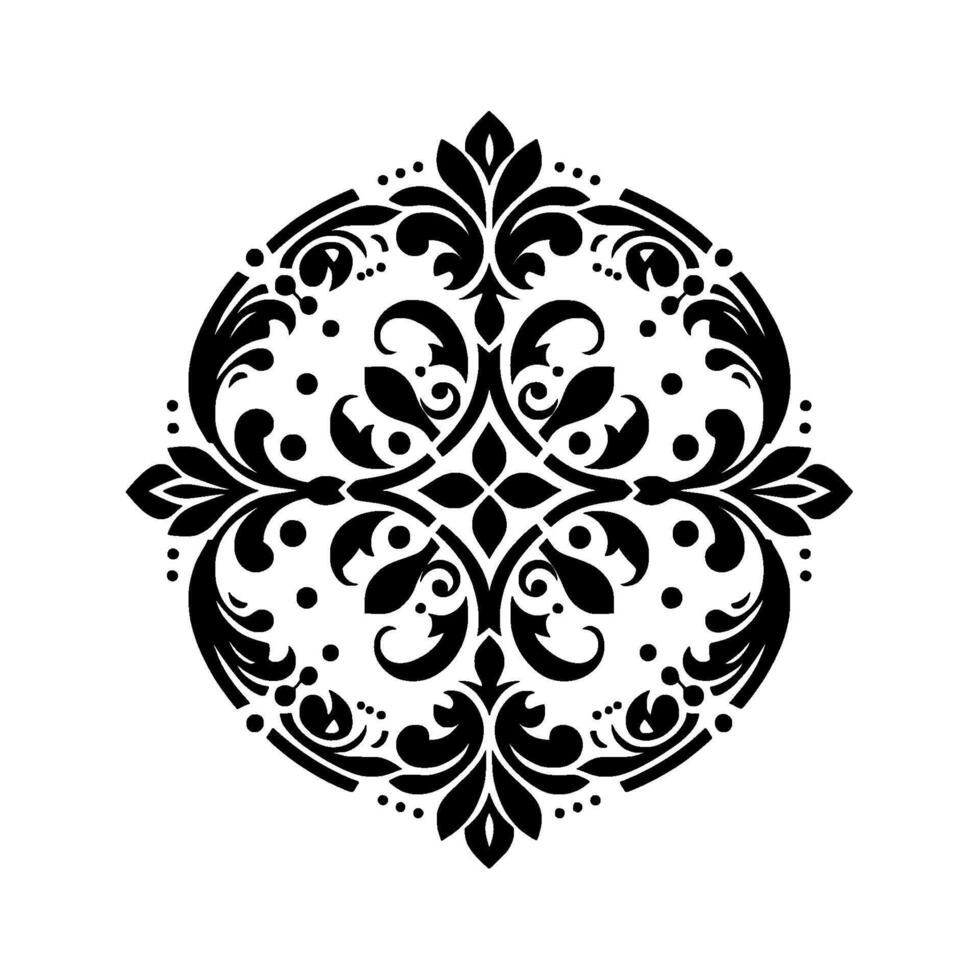 Intricate symmetrical black floral ornament, on a pristine white backdrop, displaying ornate, stylized leaves and curved lines in a repeating pattern. vector