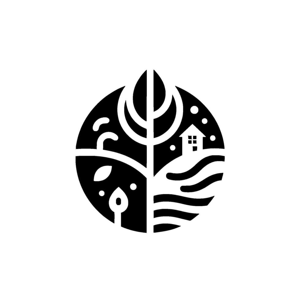 Symbolic Black and White Circular House, Tree, and Landscape Elements Within a Stylized Nature Scene vector