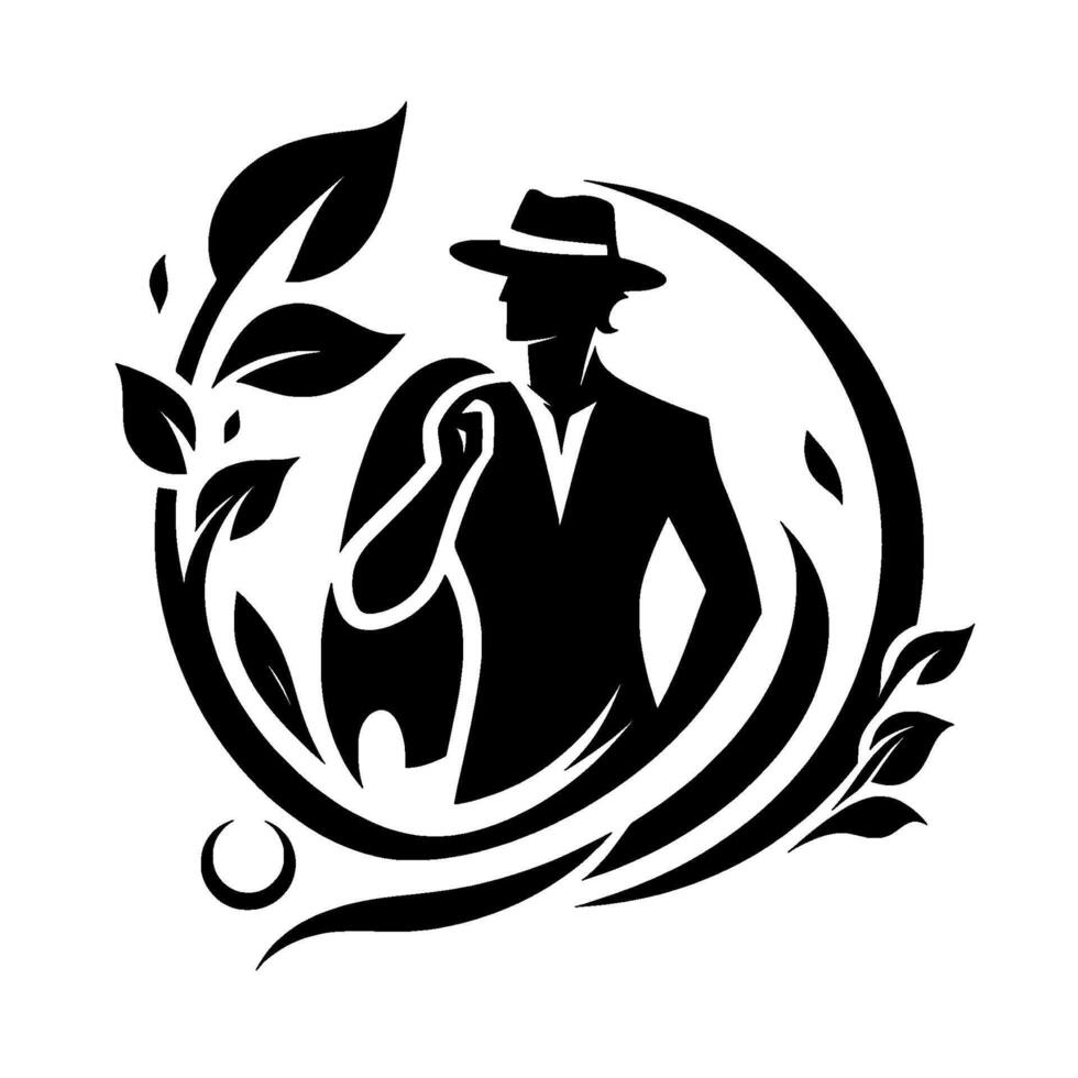 Elegant Silhouette of a Man in a Fedora Surrounded by Natures Embrace, Black and White . vector