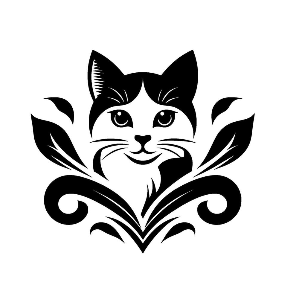 A stylized black and white cat with an ornate floral , showcasing a friendly feline face. vector