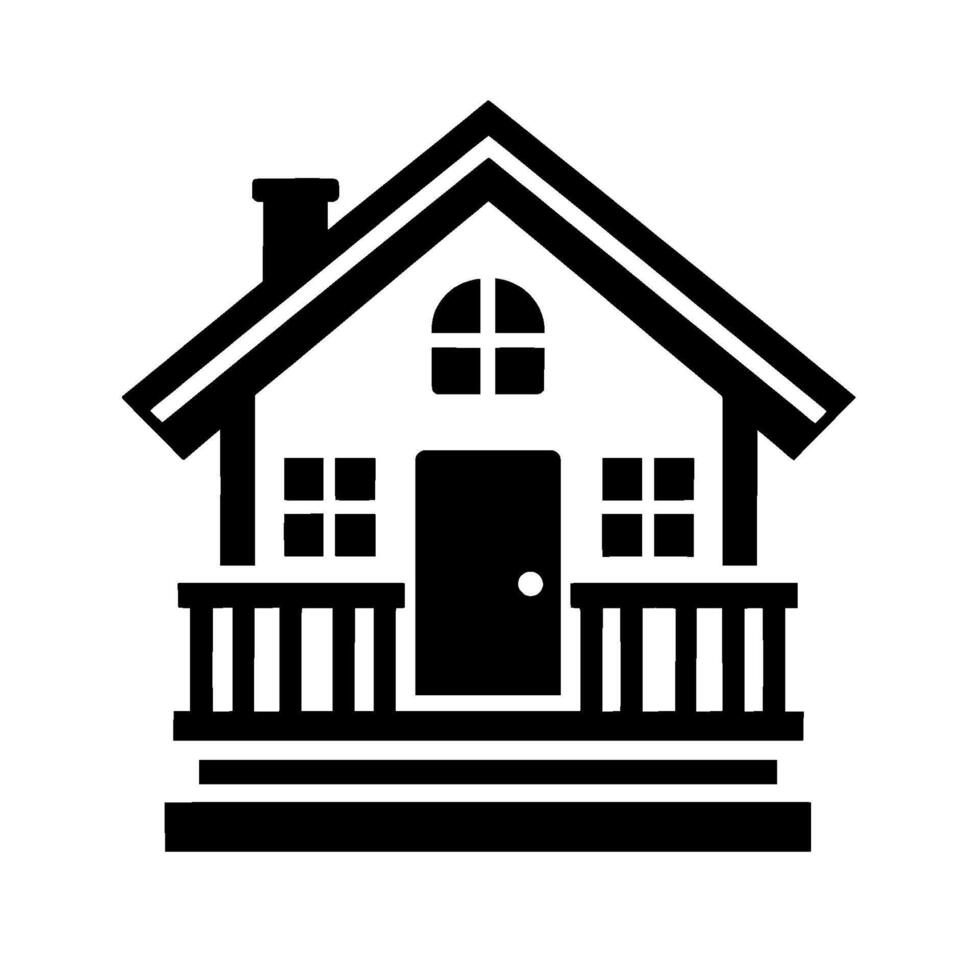 Minimalist Black and White House Illustration with Porch, Windows, Door, Chimney, and Gabled Roof on a Clean White Background. vector