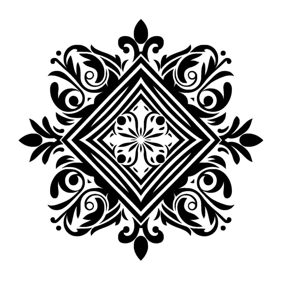 A symmetrical, monochrome floral radiating from a central diamond, featuring intricate details of swirling leaves, buds and geometric shapes, reminiscent of a stylized mandala. vector