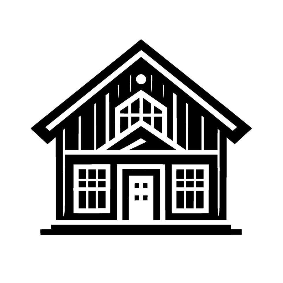 A minimalist black and white illustration of a charming, symmetrical gableroofed house with a central door and windows, designed in a clean, style. vector