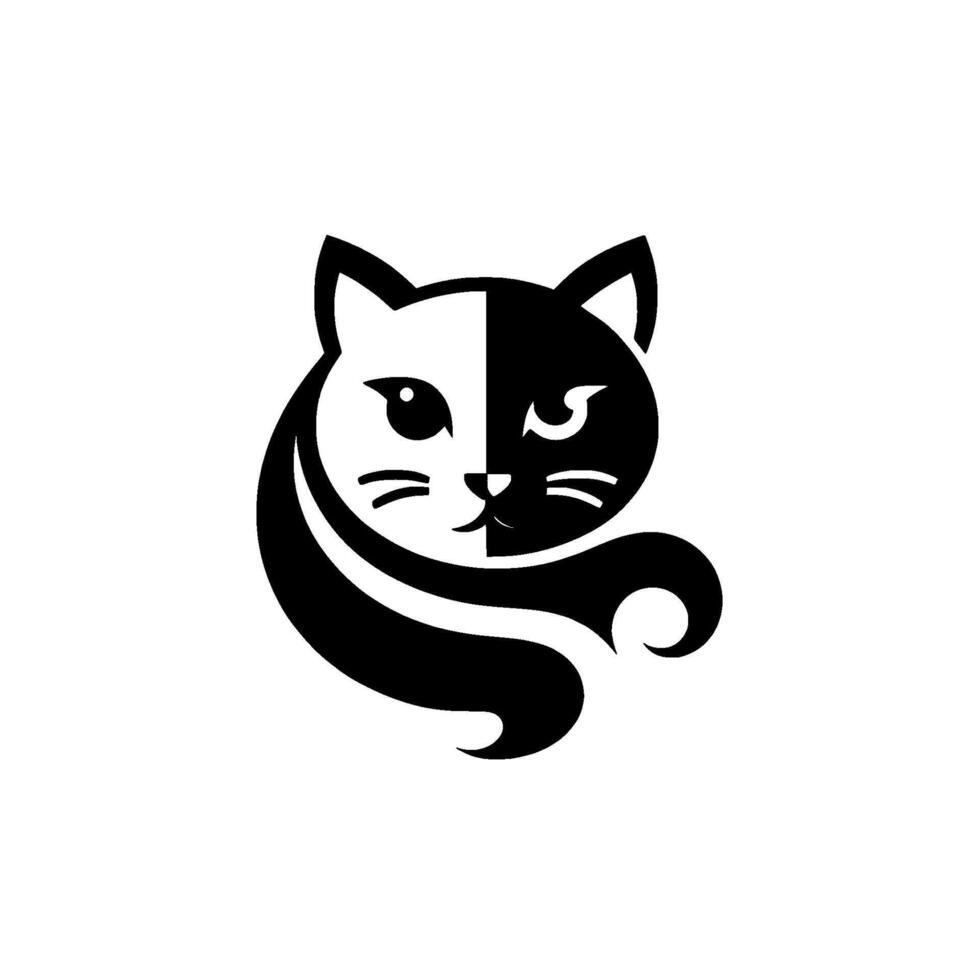 A symmetrical black and white featuring a stylized cat face with contrasting halves, flowing into a curved . vector