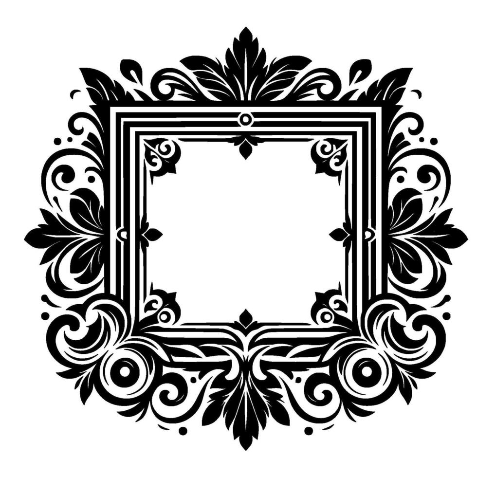 Intricate Black and White Floral Crest with Elegant Swirls and Leafy Embellishments Encasing an Empty Central Square. vector