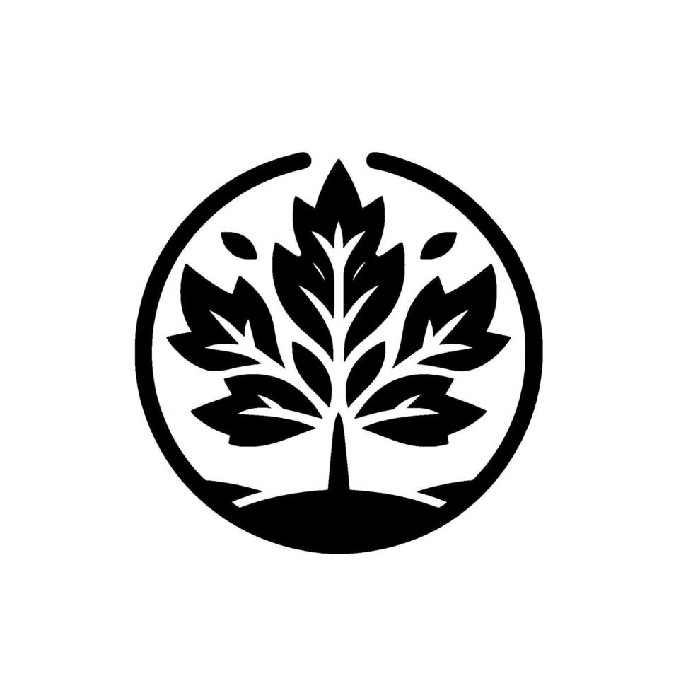 A stylized, black and white of a tree inside a circle, its leaves radiating outwards in a symmetrical pattern against a clean white background. vector