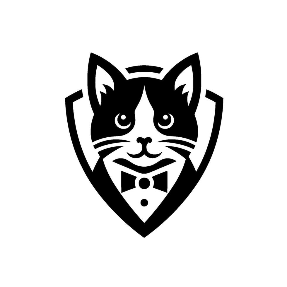 Elegant tuxedo cat in black and white, posed within a shield, exuding sophistication and class. vector