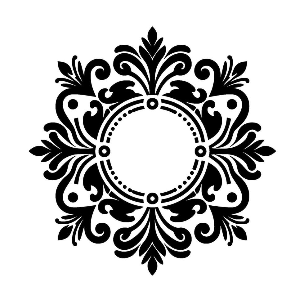 Ornate Black and White Circular Floral Motif with a Central Empty Circle, Symmetrical , Decorative and Elegant. vector