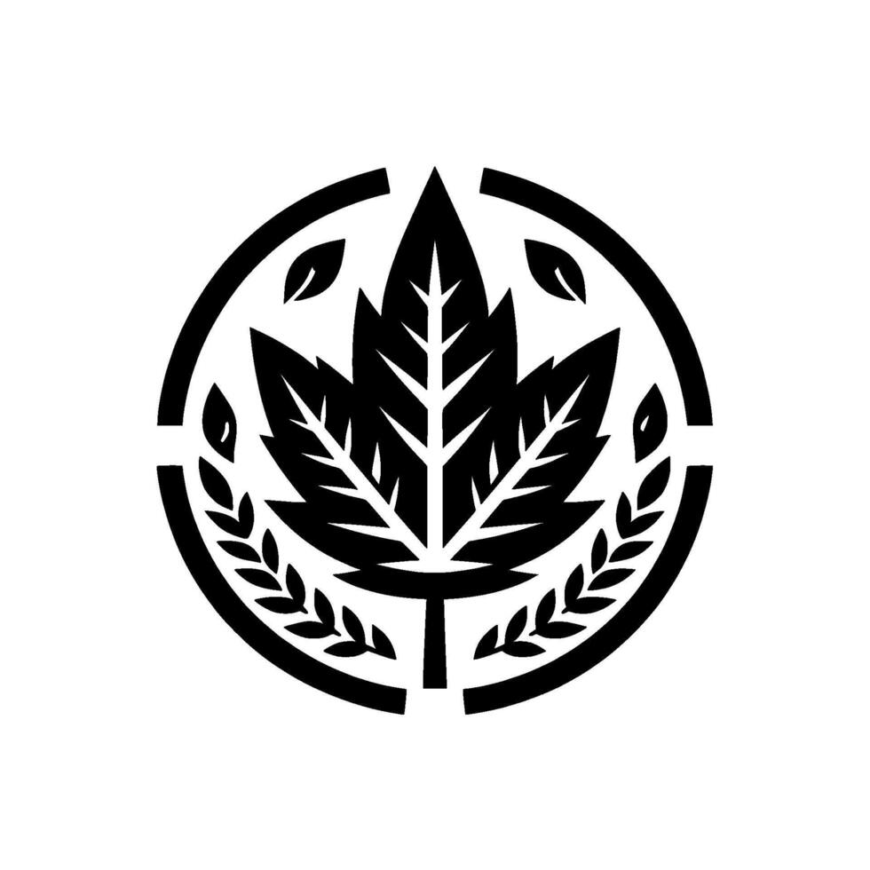A Bold, Symmetrical Featuring a Stylized Maple Leaf Central to an Enclosed Circular , with Decorative Wheat Stalks and Small Leaf Accents. vector