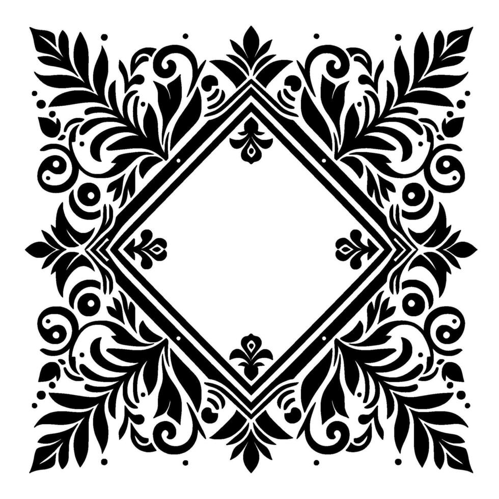 Intricate Black and White Floral Pattern Enclosing a Diamond Frame, Creating a Decorative and Elegant . vector