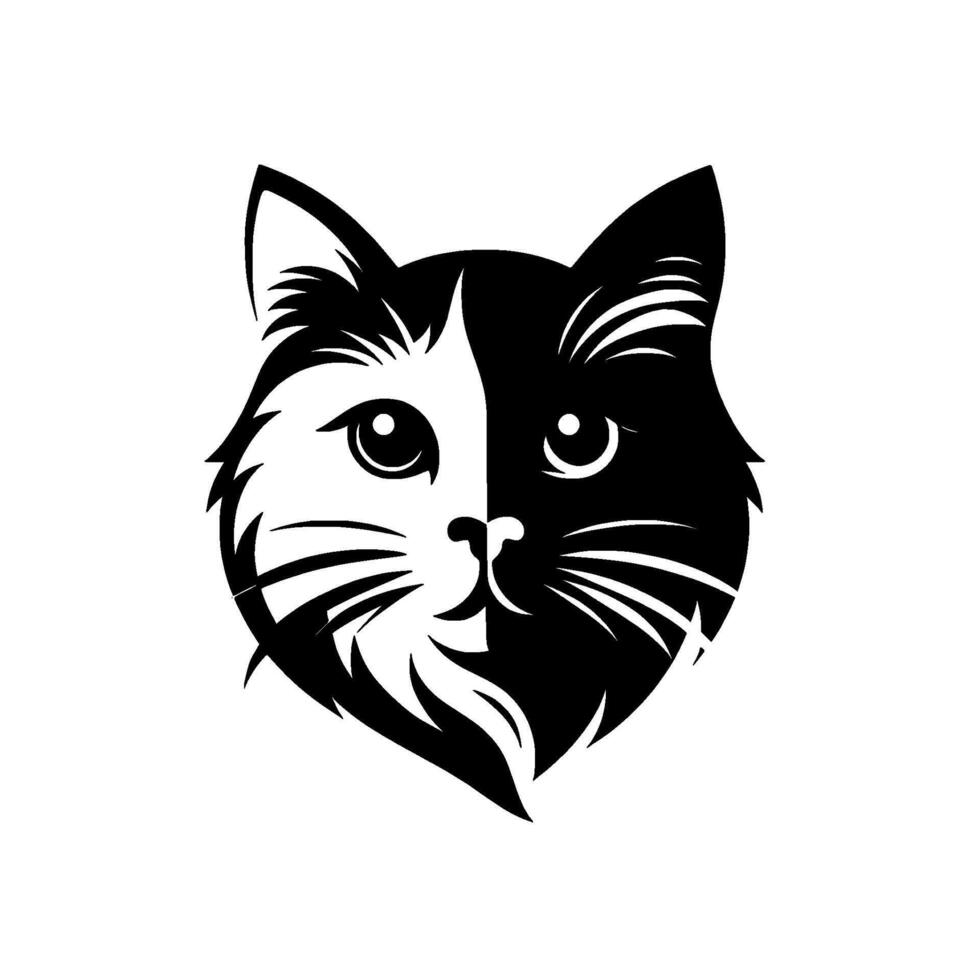A symmetrical, stylized black and white portrait of a cat, with divided coloration, highlighting its expressive eyes and whiskers, and a shadow. vector