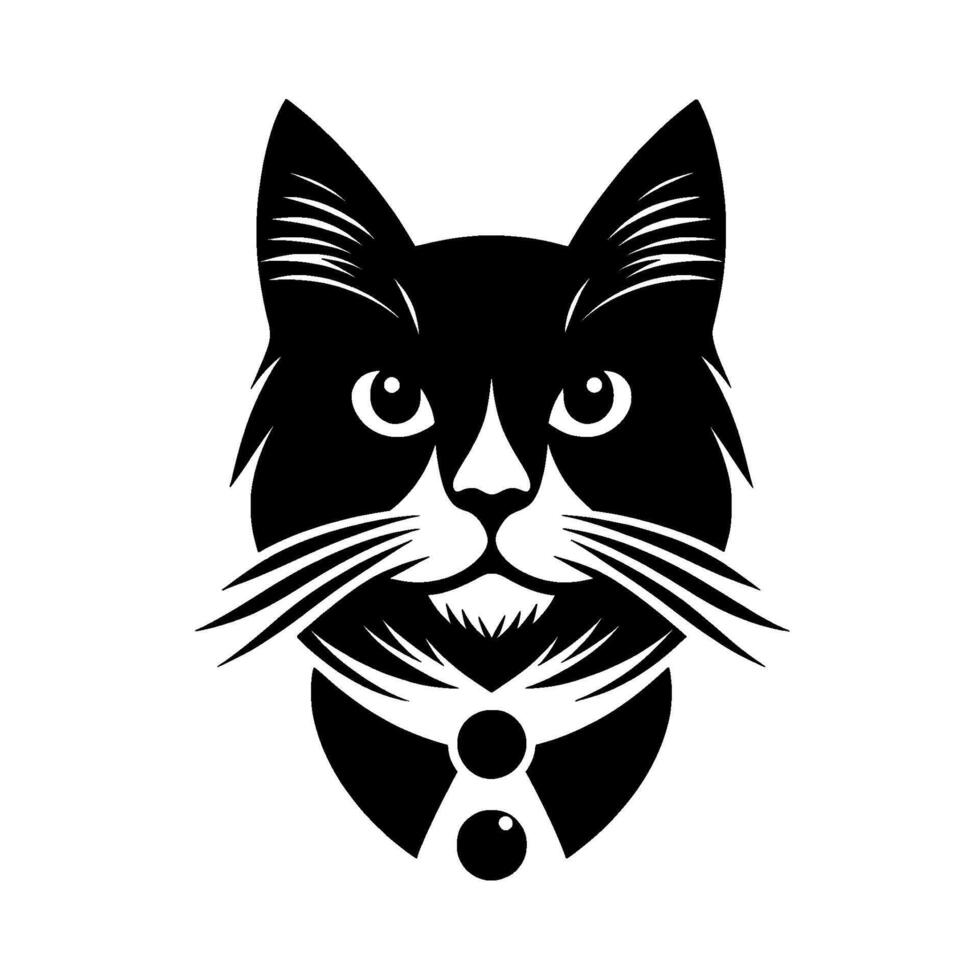 A dapper tuxedo cat, elegantly posed in monochrome, with refined whiskers, dressed with a collar and buttons. The clean lines emphasize sophistication and the creatures charming expression. vector