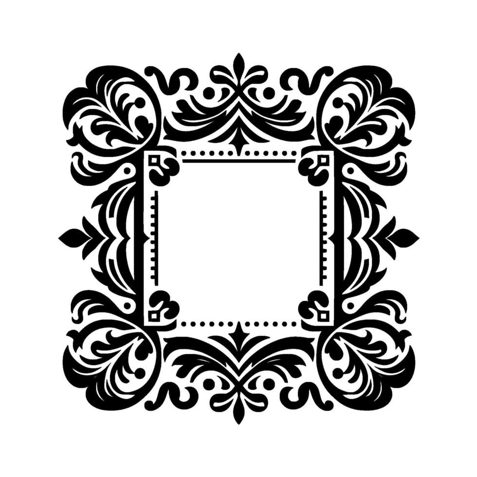 Ornate Black and White Square Frame Floral and Scrollwork with a Central Empty Space for Customization. vector