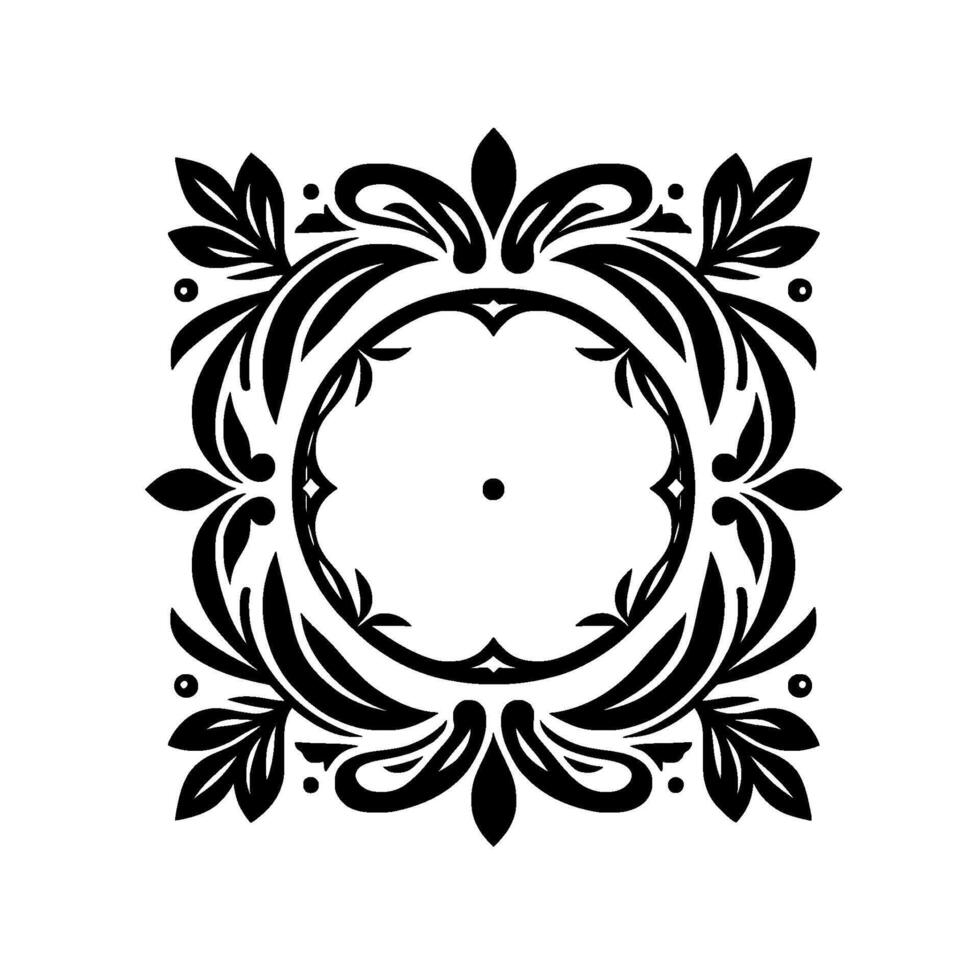 Intricate Black and White Circular Floral with Leafy Embellishments, Centered Dot, Symmetrical Structure, on a White Background. vector