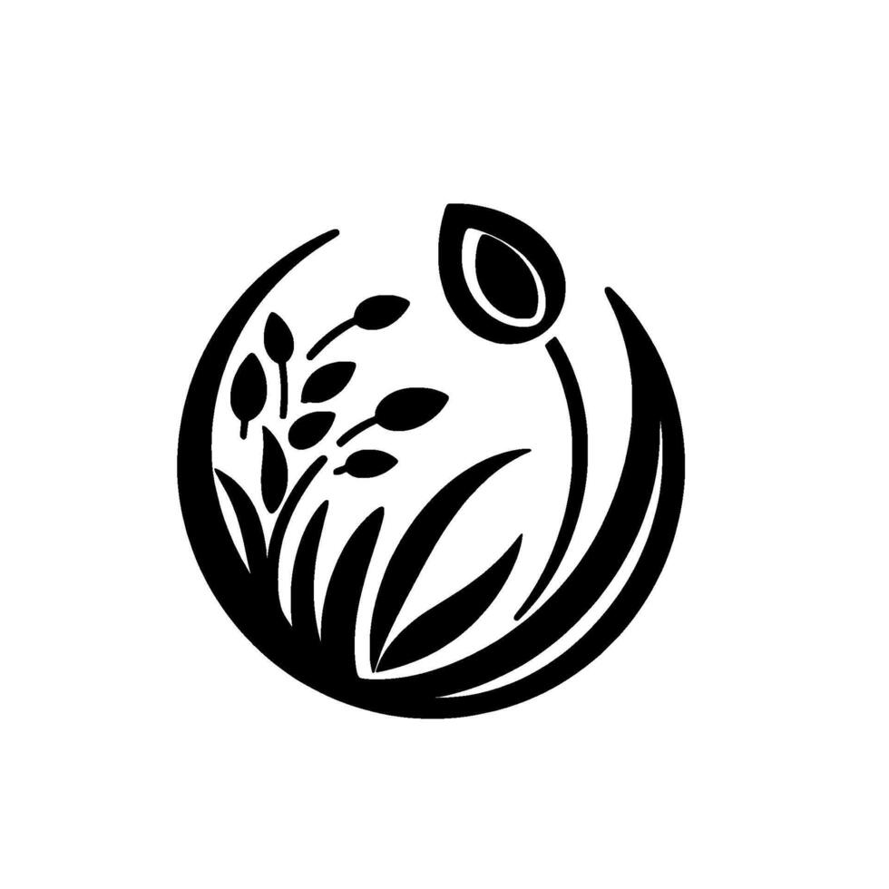 Monochrome botanical featuring an enclosed circular composition of stylized flora, including a central seed head, grasses and smaller seed clusters against a pristine white backdrop. vector