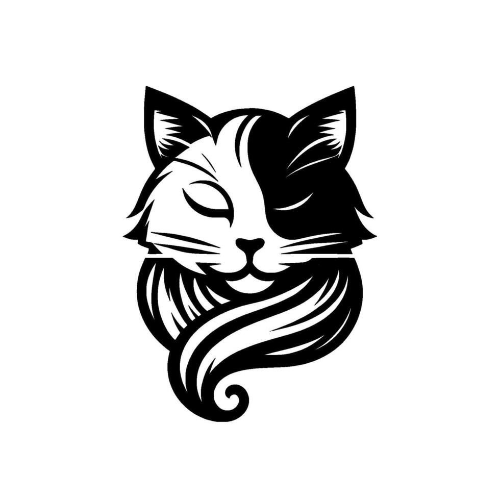 A symmetrical, minimalist black and white of a cats head, with a splitface and stylized fur forming a unique beard and flowing tail. vector