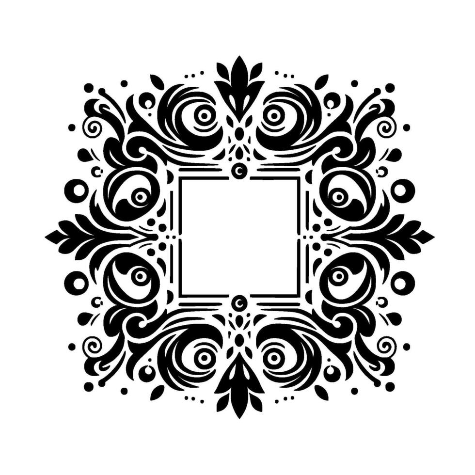 Intricate Black and White Ornamental Frame Symmetrical with Swirls, Leaves, and a Central Square. vector
