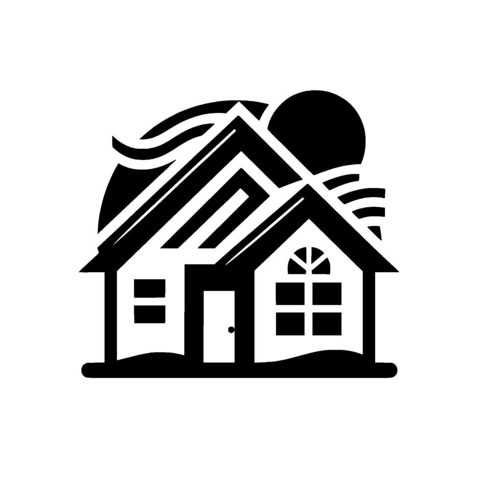 Modern, minimalist, black and white house illustration featuring a stylized sun and wavy lines, creating a sense of calm and a simple, elegant composition. vector