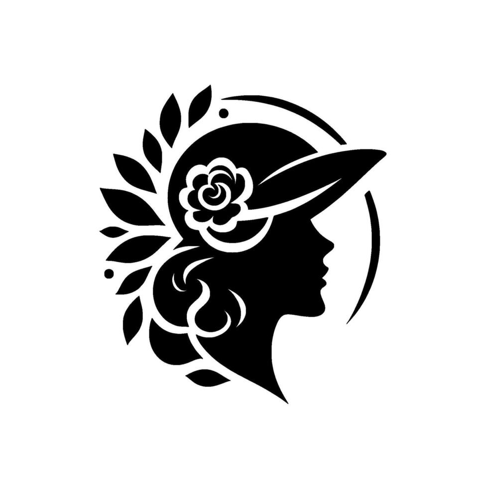 Elegant Silhouette of a Woman in Profile, Adorned with a Floral Hat and Foliage, Set Against a White Background vector