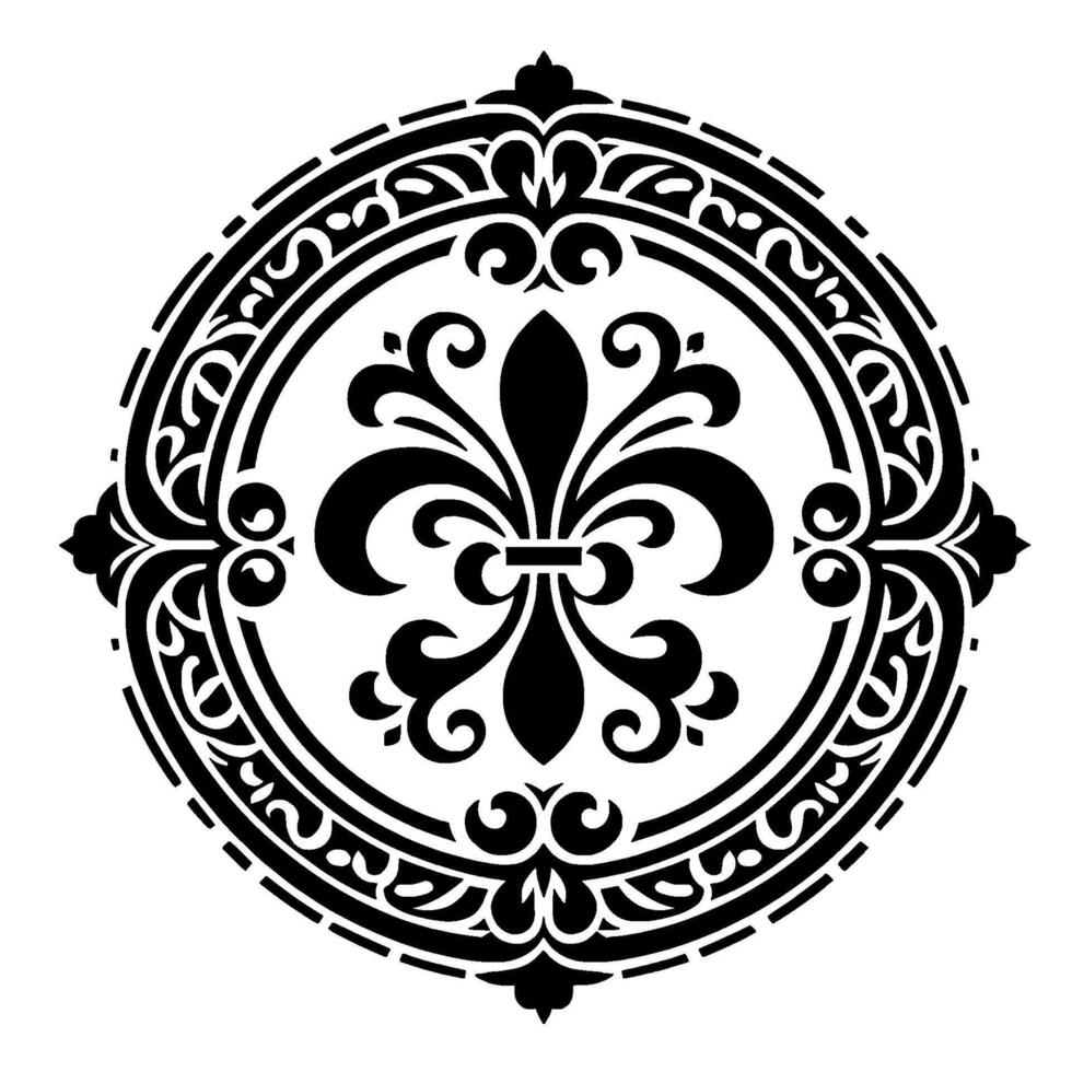 A symmetrical black and white illustration of a Fleurdelis emblem within a decorative circular frame with ornate scrollwork, set against a clean white background. vector