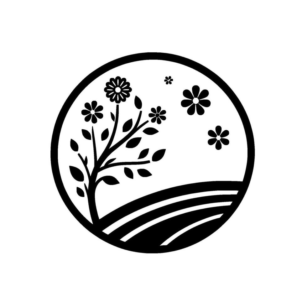 Minimalist Monochrome Circular Illustration of a Flowering Tree, Field, and Blooming Flowers, Set Within a Bold Black Border, Suggesting Tranquility. vector