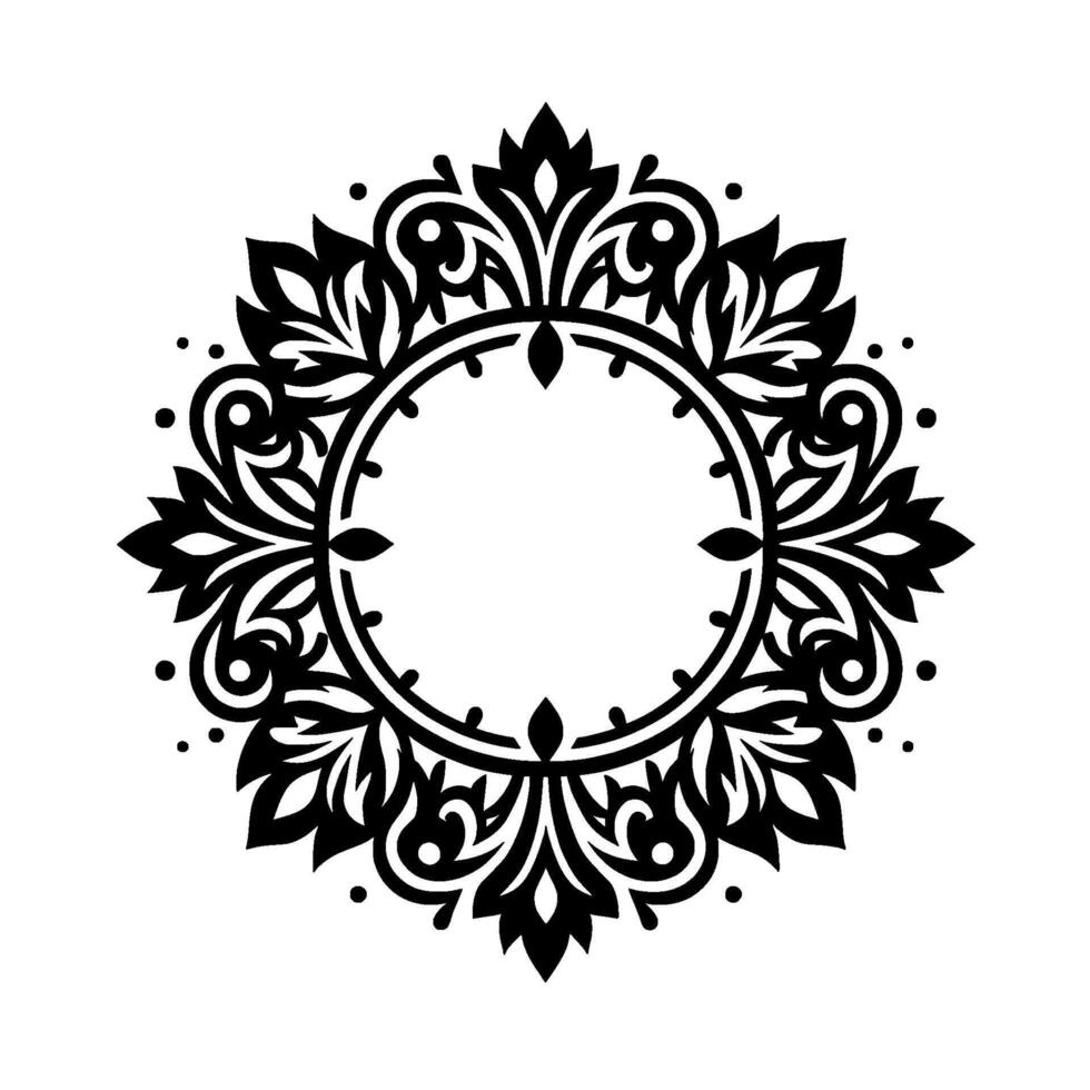 Ornate Black and White Circular Mandala with Floral and Swirl Elements, Perfect for Logos or Decorative Designs. vector