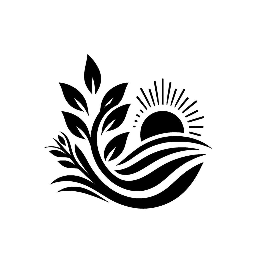 Elegant Monochrome Sun Rising Over Fields with Leafy Sprigs, Evoking Natures Renewal. vector