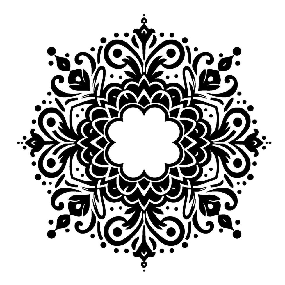 Symmetrical, elegant black and white ornamental mandala featuring floral and swirling elements surrounding a central white space within a decorative border. vector