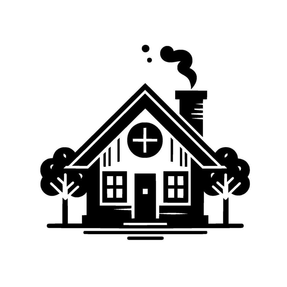 A minimalist black and white illustration of a charming house, adorned with a plus sign, smoke, and trees, evoking a sense of warmth. vector