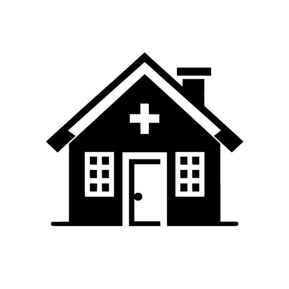 Black and white illustration of a clinic with a cross symbol, windows, and a chimney, suggesting healthcare services and medical assistance. vector