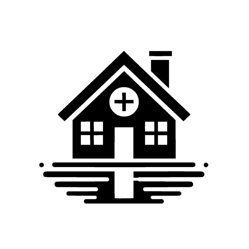 Stylized Black and White Illustration of a Medical Clinic or Hospital Building with a Cross Symbol, Simple . vector