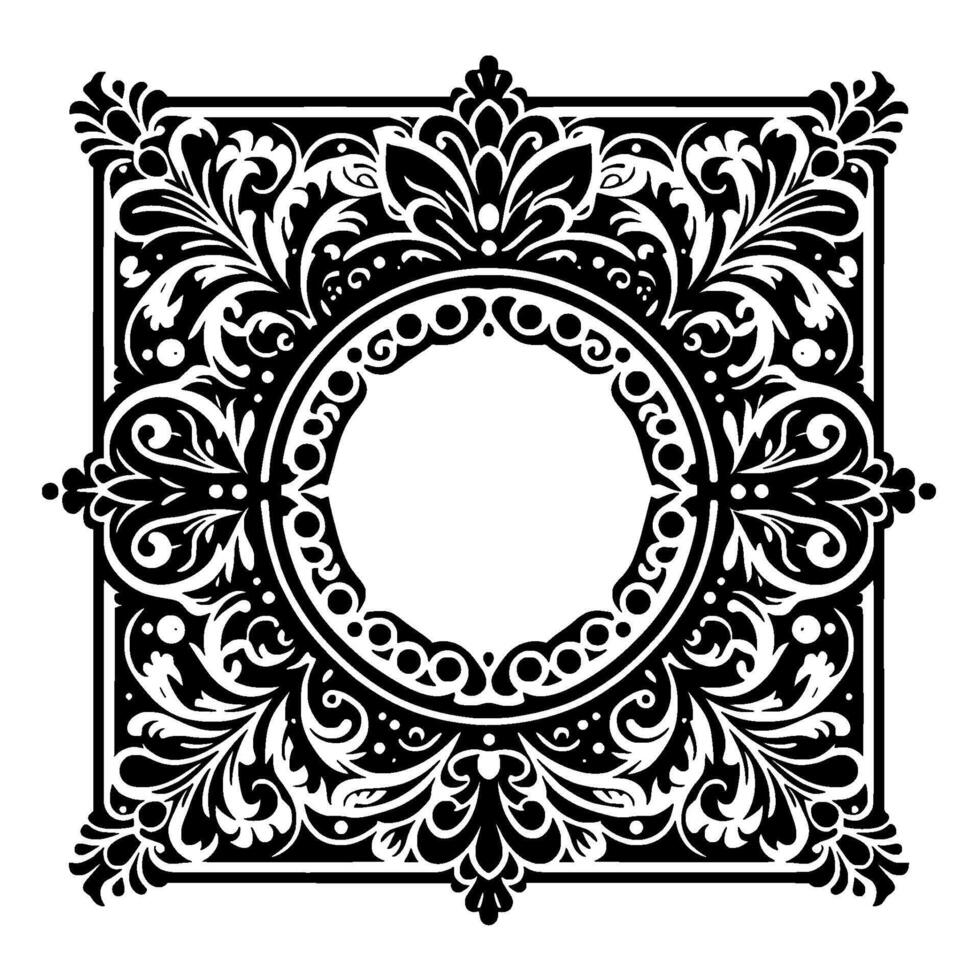 Intricate Black and White Floral Frame with a Central Circular Opening, Symmetric Decorative . vector