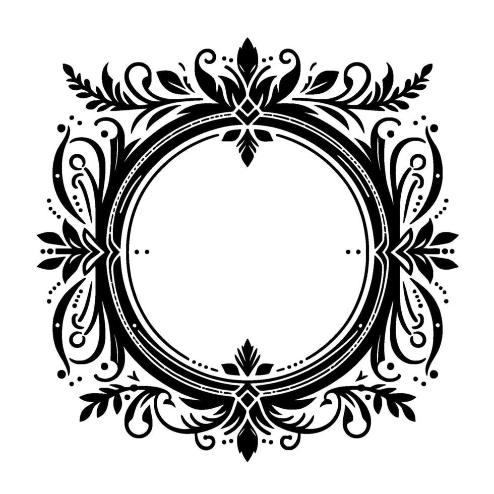 Elegant Black and White Floral Crest Ornate circular frame with intricate symmetrical foliage and flourishes, perfect for elegant branding. vector