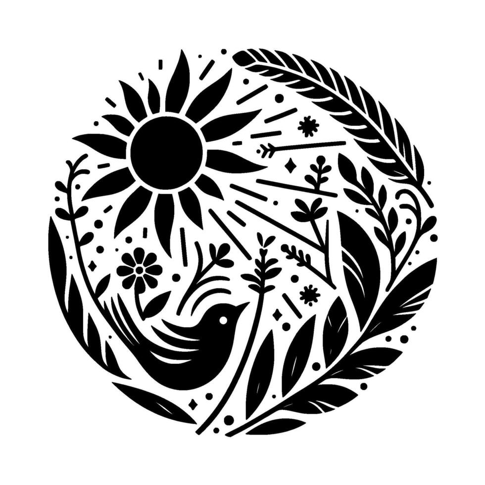 Monochromatic Mandala A circular of botanical elements, sunshine, a bird, and delicate accents of stars and arrows, creating a harmonious and natural aesthetic. vector