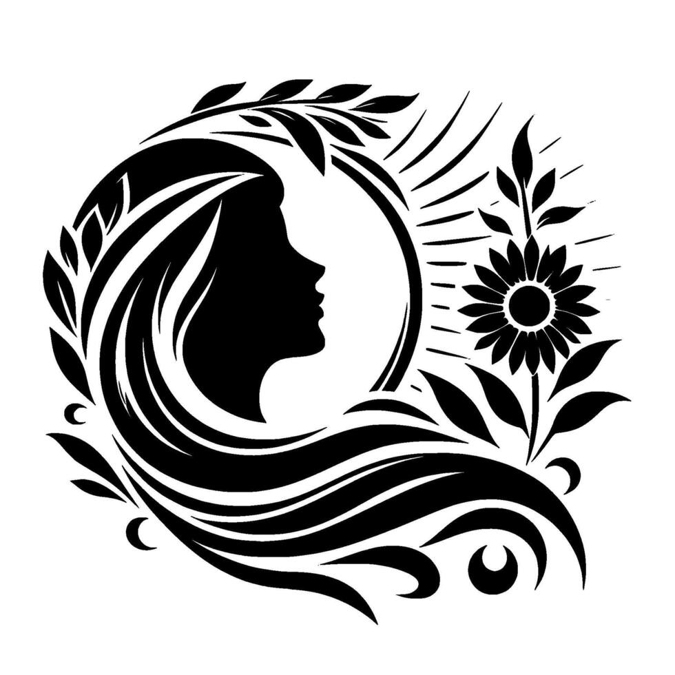 Elegant silhouette of a woman within a circular frame, adorned with flowing hair, botanical elements, and a blooming sunflower, embodying beauty and nature. vector