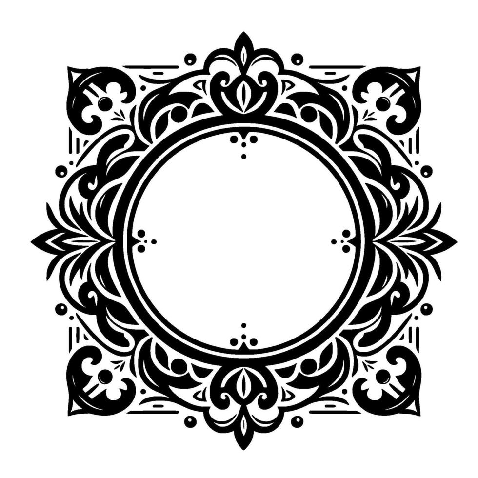 Ornate Black and White Frame Symmetrical Floral Border with Central Circle on Clean White Background. vector