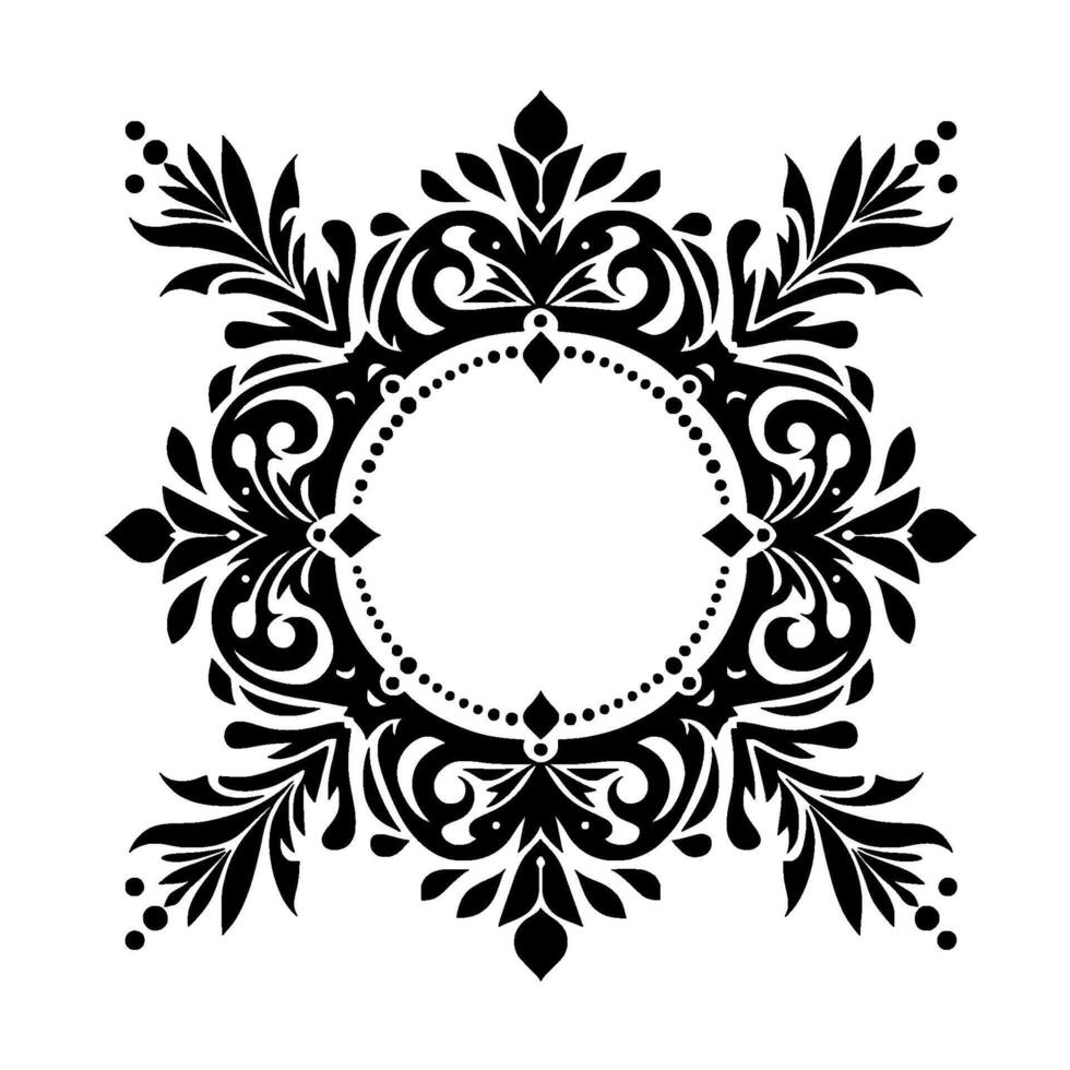 Ornate Black and White Circular Frame with Floral and Scroll Motifs, Elegant on White Background. vector
